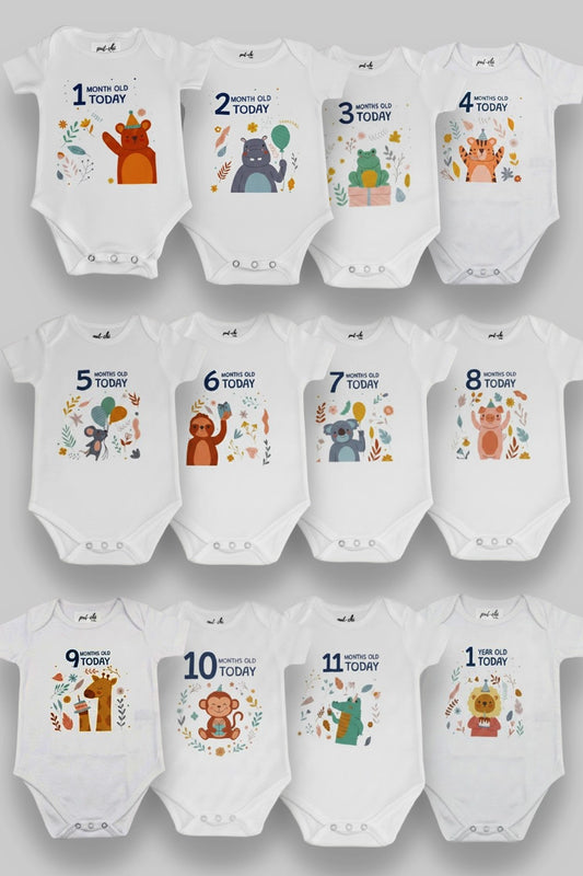 Pack of 12 Safari Milestone Onesies
