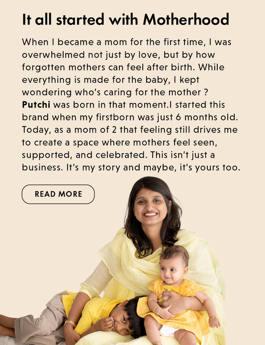 Woman holding two children with text about motherhood and a brand named Putchi.