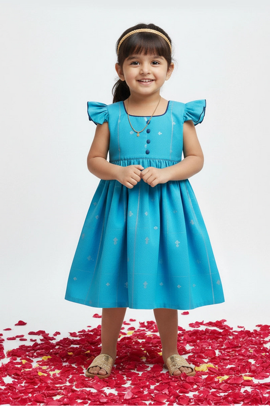 Young girl in a blue dress standing on red and white confetti against a light gray background