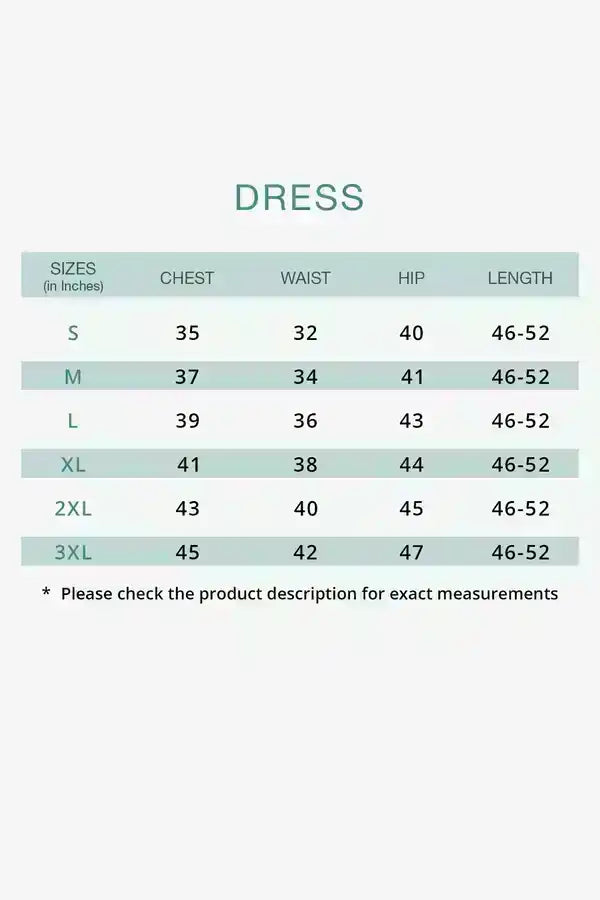 Bohemian Breeze dress size chart showing chest waist hip and length measurements for sizes S to 3XL