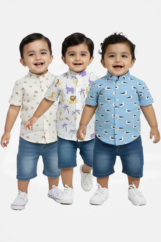 Cotton Shirt(Mini Rainbow & Spotted Lines & Wavy Stripes) - Pack of 3