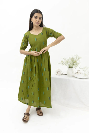 Green Jacquard Butta Handwoven Nursing Dress