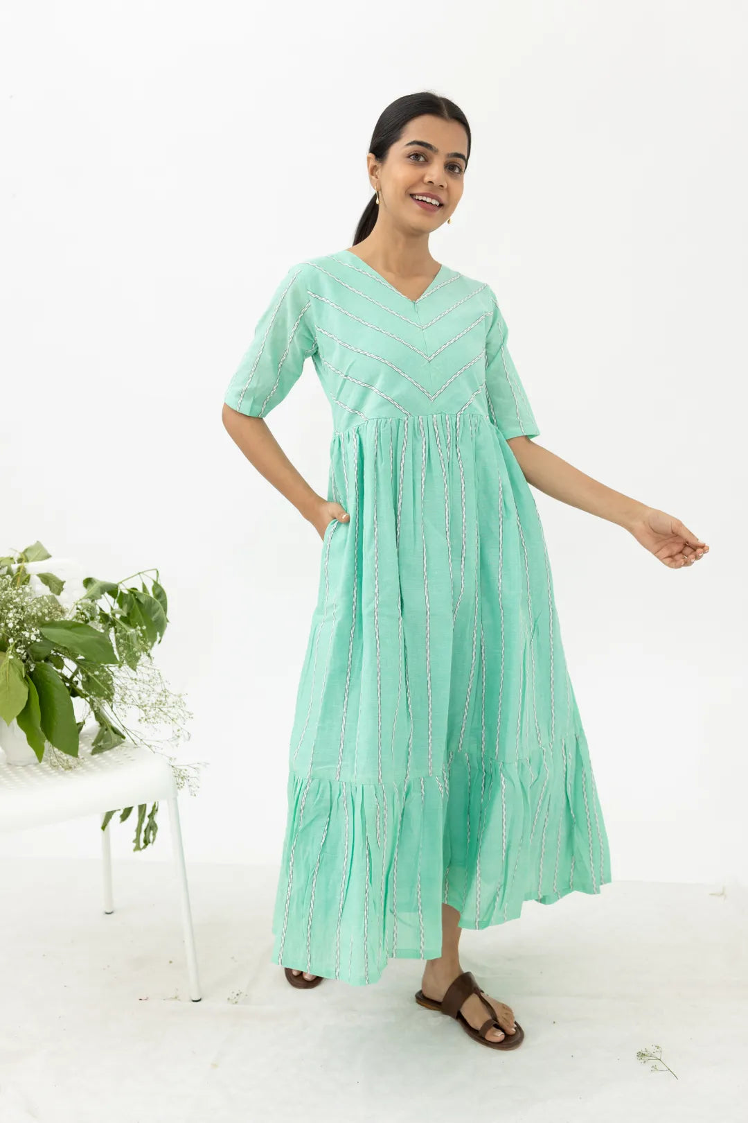 Pastel Turquoise Striped Nursing Dress