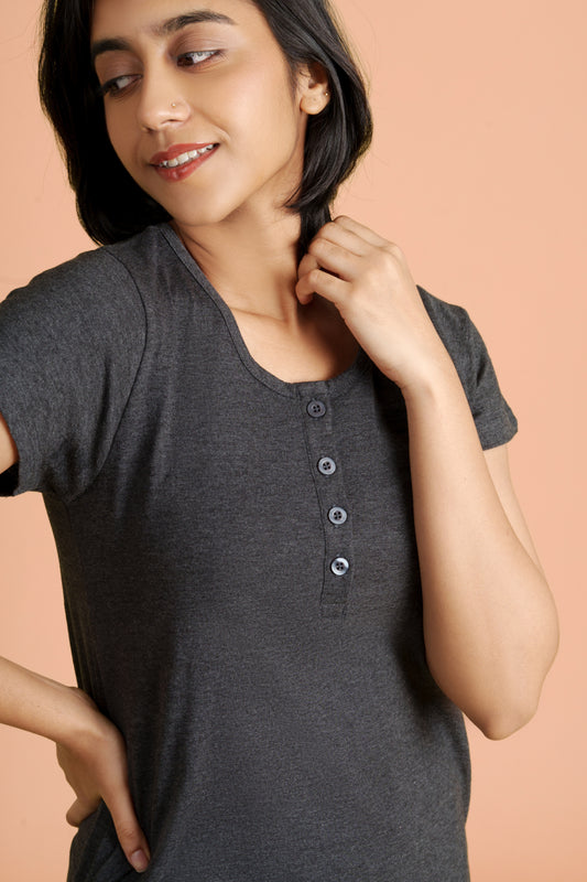 Solid Maternity Long T-shirt with Nursing Facility | Putchi