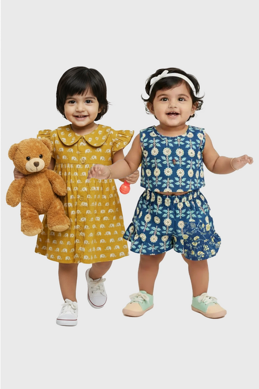Cotton baby girl frock and co-ord set safari bluebell bloom print for toddlers 0-3 years - organic breathable Indian kids dress for summer - soft comfortable matching outfit for baby girls