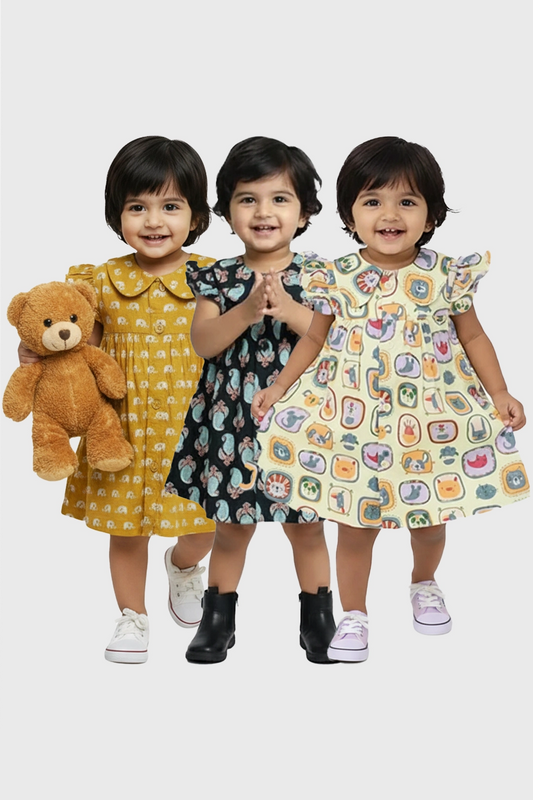Cotton Girls Frock(Safari & Nightfall Paisley & Zoo Crew ) -Pack of 3