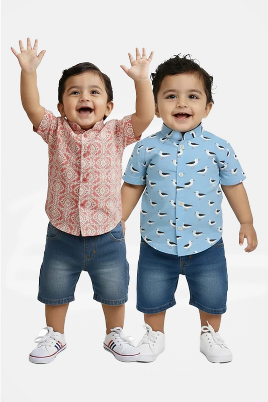 Cotton Shirt(Scarlet Lattice & Coastal Chirp) - Pack of 2