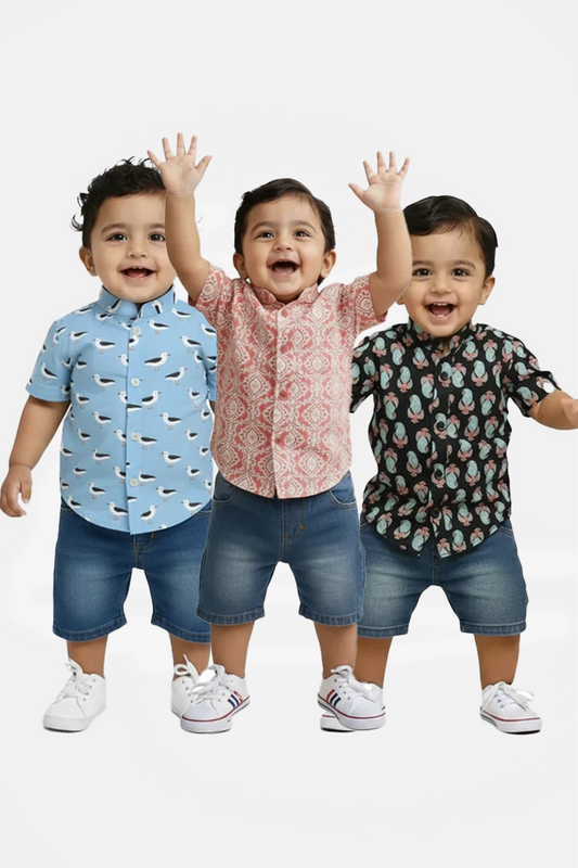 Cotton Shirt(Scarlet Lattice & Twilight Paisley & Coastal Chirp) - Pack of 3