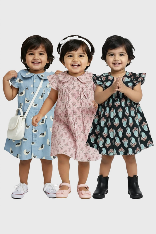 Cotton Girls Frock(Seagull & Nightfall Paisley & Bluebell bloom ) -Pack of 3