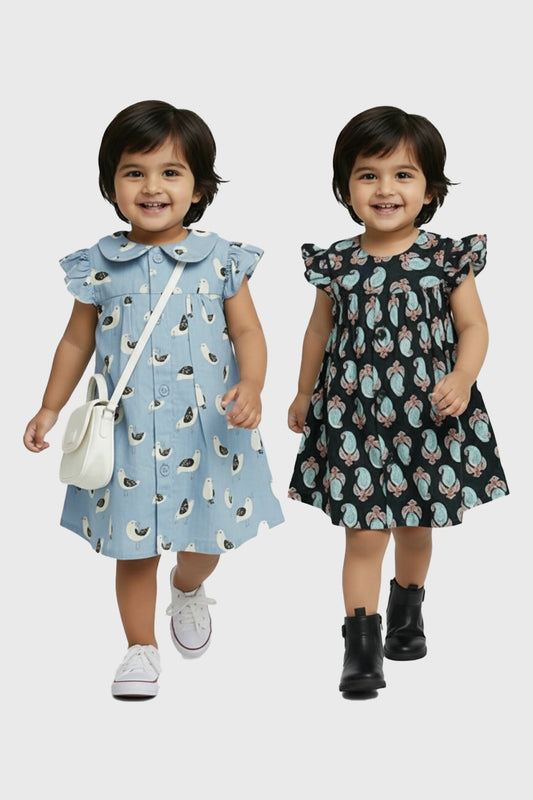 Cotton Girls Frock(Nightfall Paisley & Seagull) - Pack of 2