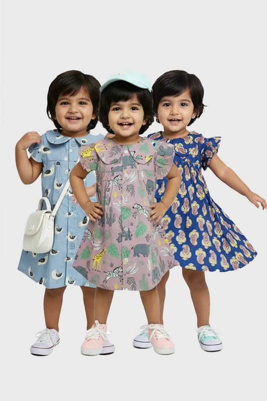 Cotton Girls Frock(Seagull & Paisley Charm & Jungle Tots ) -Pack of 3