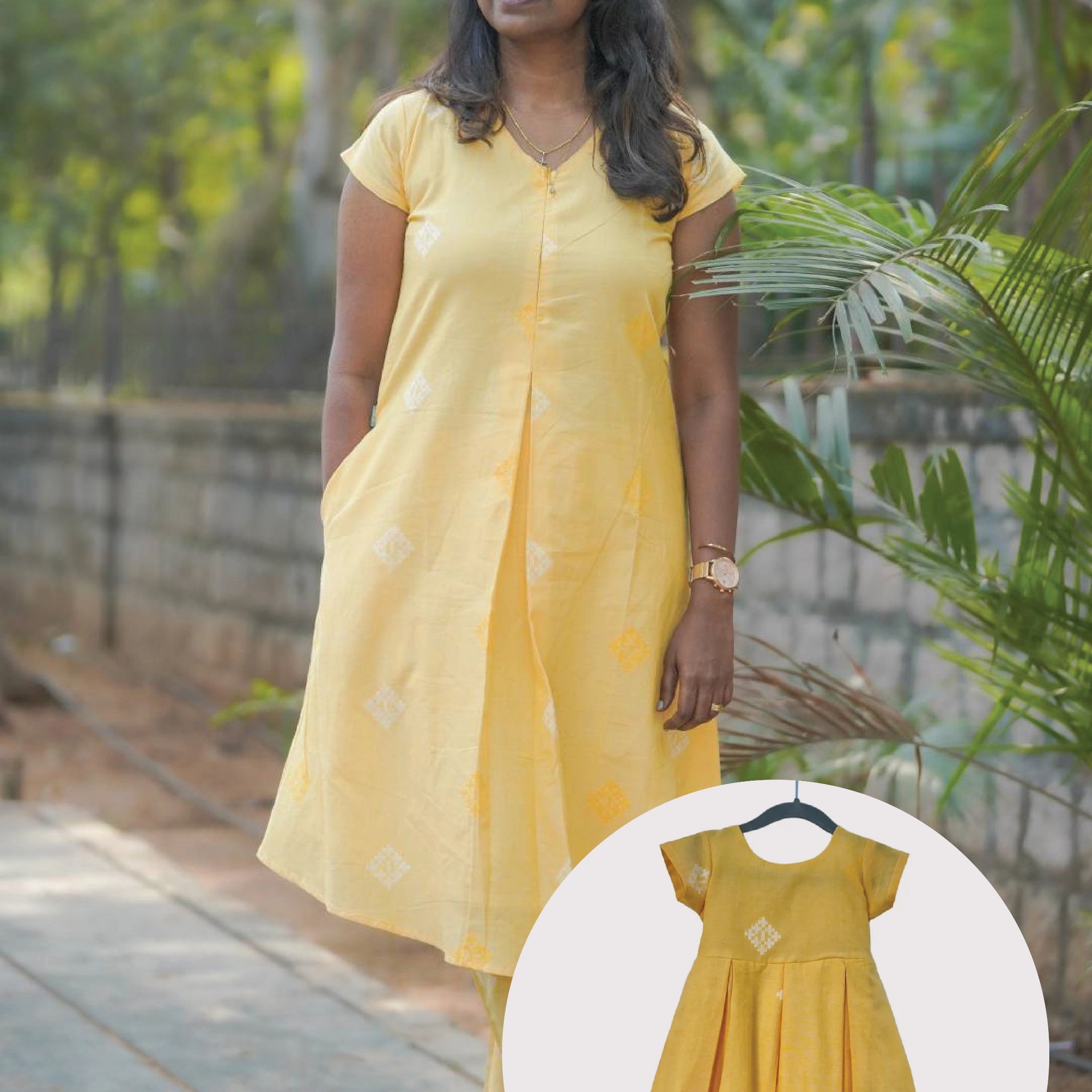 Yellow Sunshine Weave Mom Co-ord Set & Daughter Dress Twinning Combo