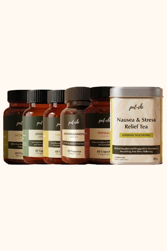 Complete Wellness Kit – Moringa, Triphala, Ashwagandha, Spirulina & Turmeric Capsules, & Moringa Ginger Herbal Tea