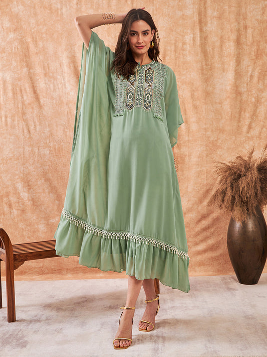 Moss Green Hand Embroidered Layered Party Kaftan