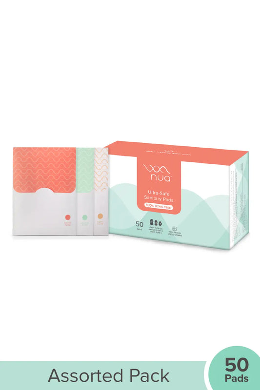 Nua Ultra-Safe Sanitary Pads For Women | 50 Ultra Thin Pads | 3 sizes in 1: Heavy Flow-XL+, Medium-XL & Light-L
