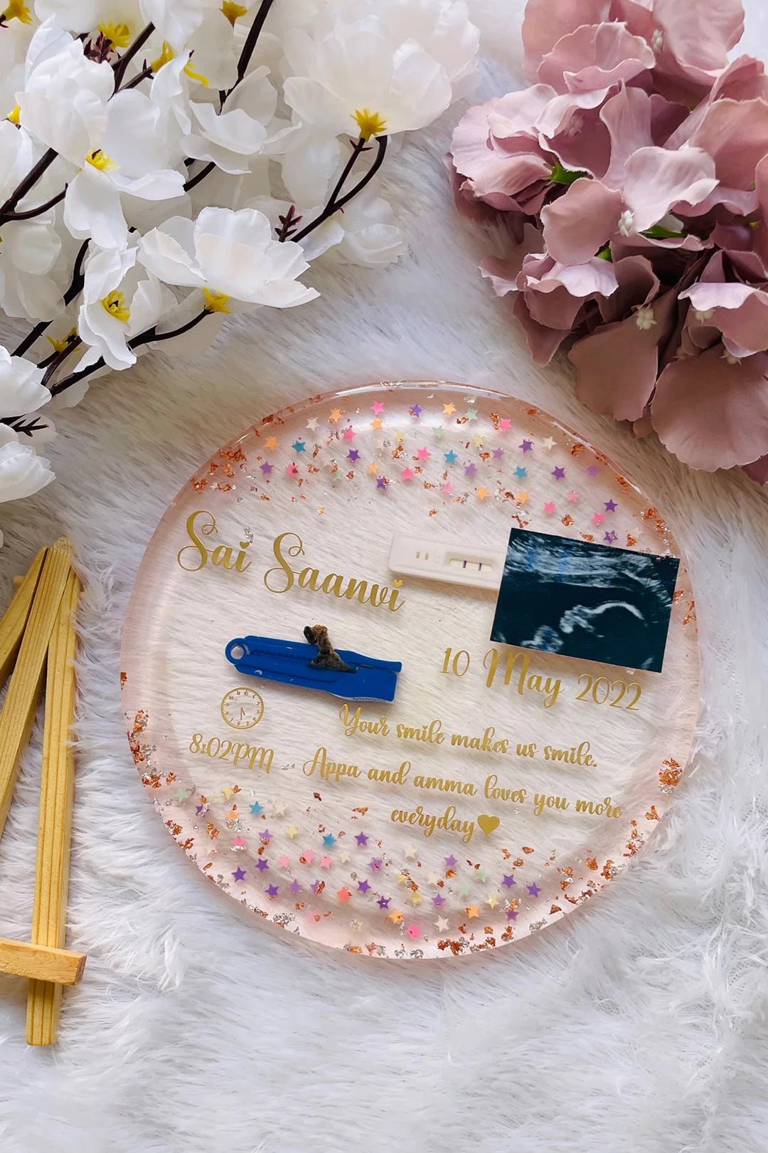 Resin Art - Pink with Gold wordings Birth Detail Round Frame