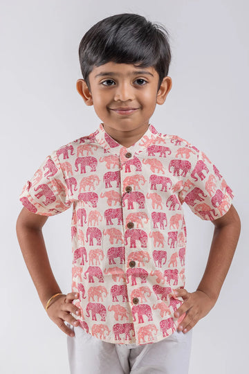 Nesavu Fancy Elephant Design Printed Half White Cotton Shirt