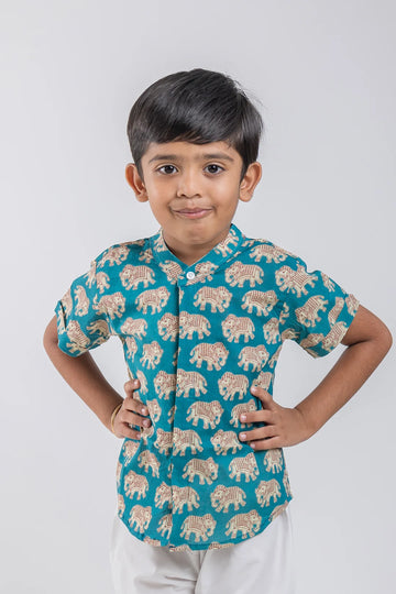 Boys Madhubani Elephant Printed Blue Cotton Shirt