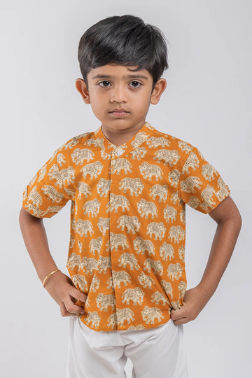 Boys Madhubani Elephant Printed Yellow Cotton Shirt