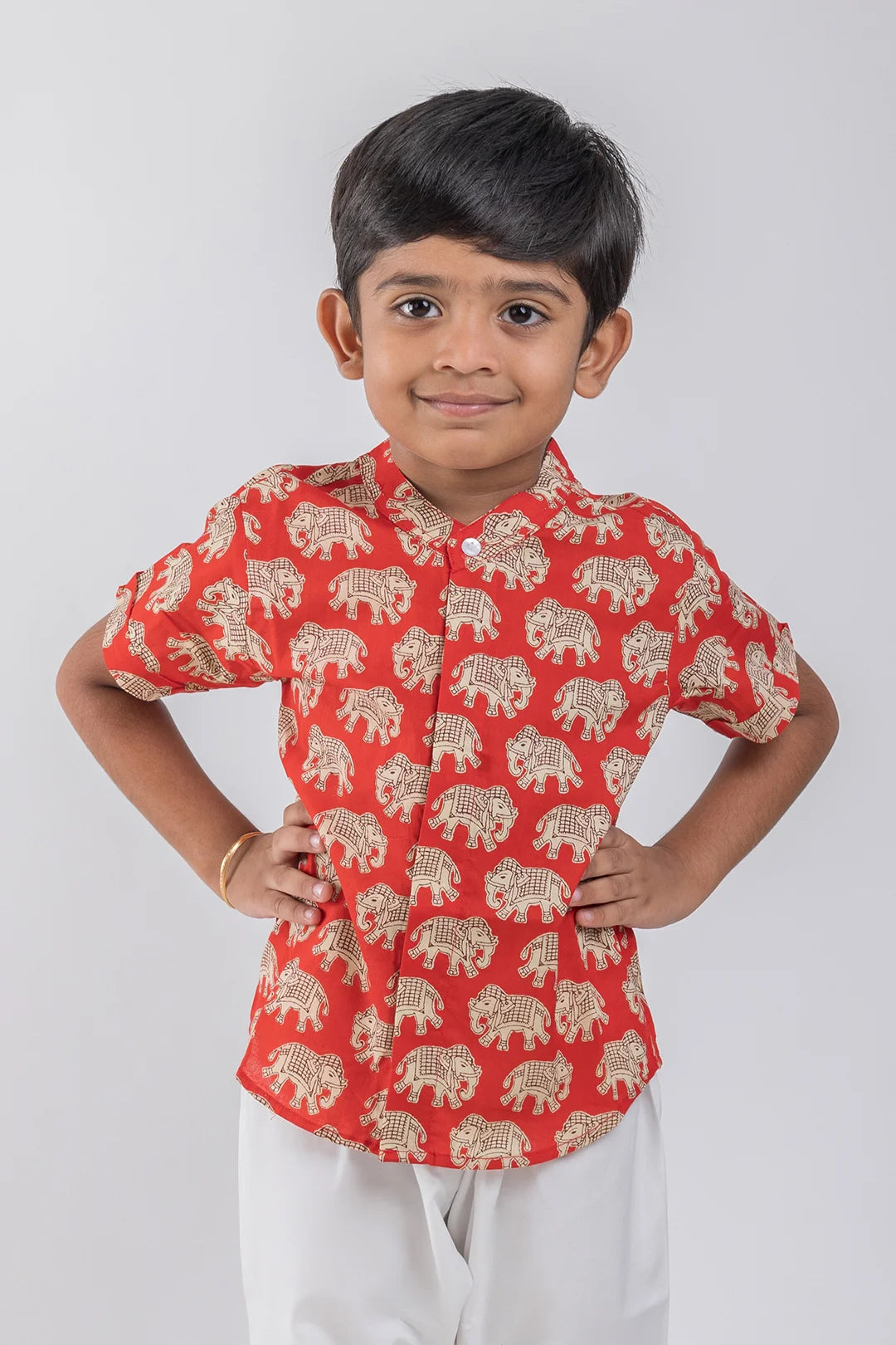 Boys Madhubani Elephant Printed Red Cotton Shirt