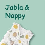 Baby vest with fruit pattern on a light green background with 'Jabla & Nappy' text.