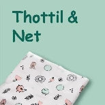 Fabric with bird and flower pattern on a light green background with 'Thottil & Net' text.