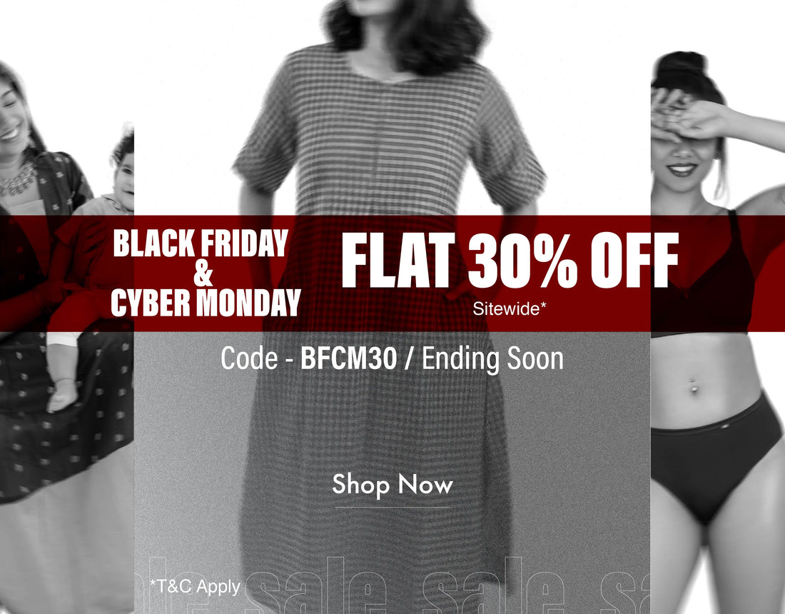 Black Friday and Cyber Monday sale banner with promotional text and code.