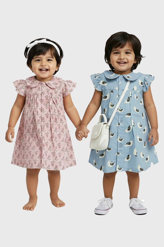 Cotton Girls Frock (Bluebell Bloom & Seagull) - Pack of 2
