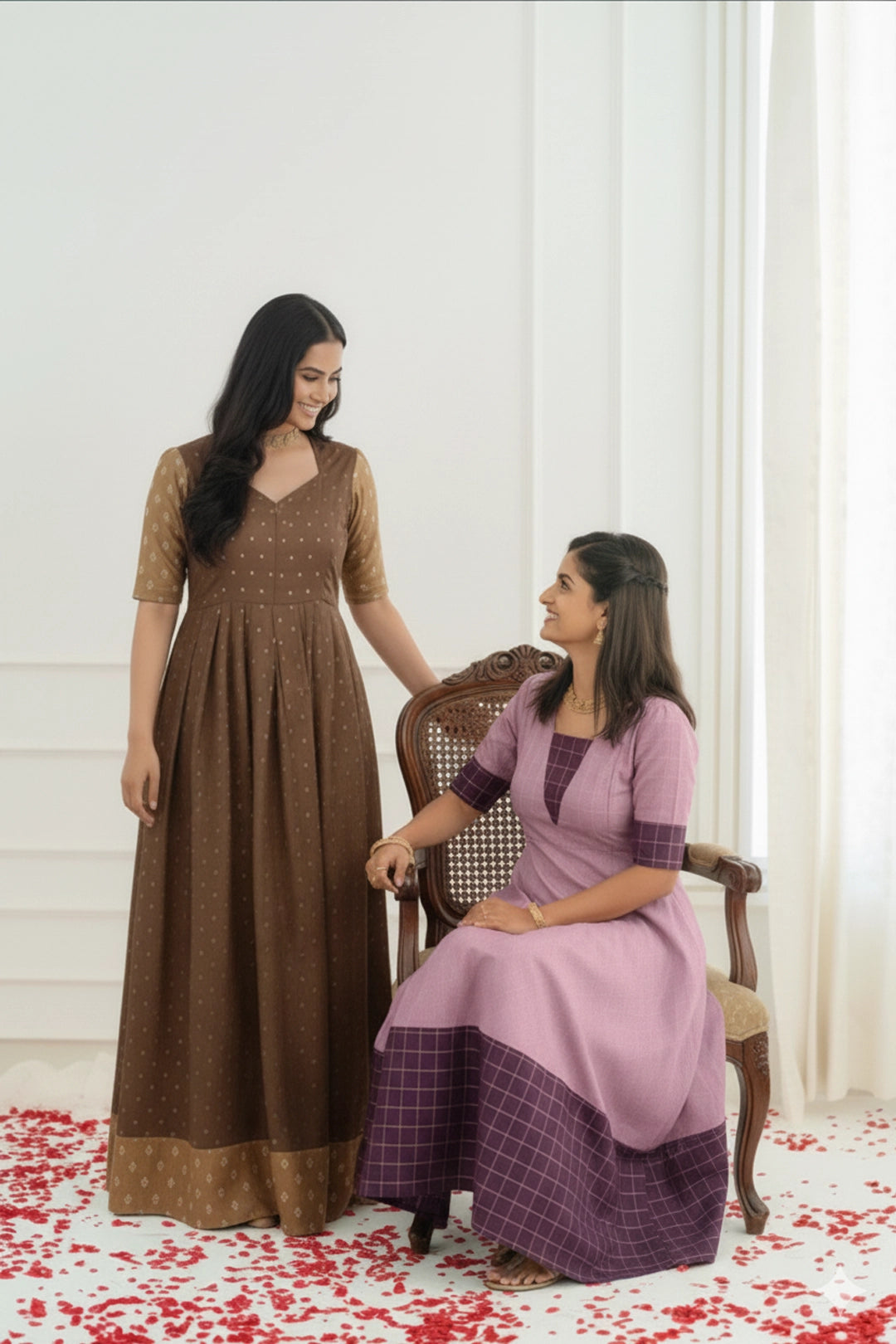Two women in traditional outfits standing and sitting on a chair against a white curtain background.