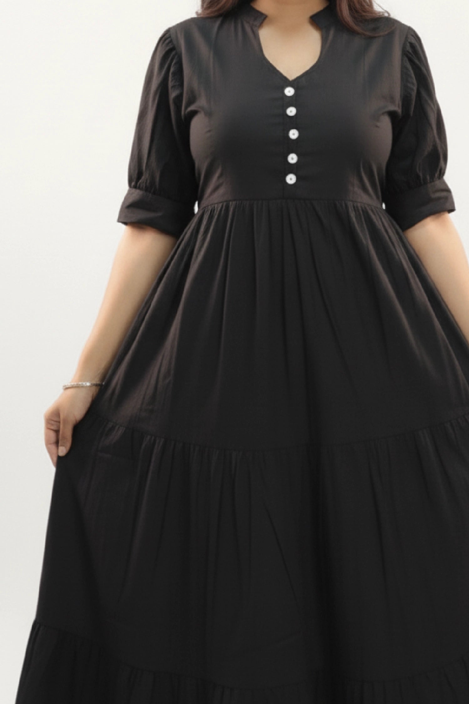 Eclipse Drift Feeding Dress side view showing puff sleeves and hidden feeding zippers