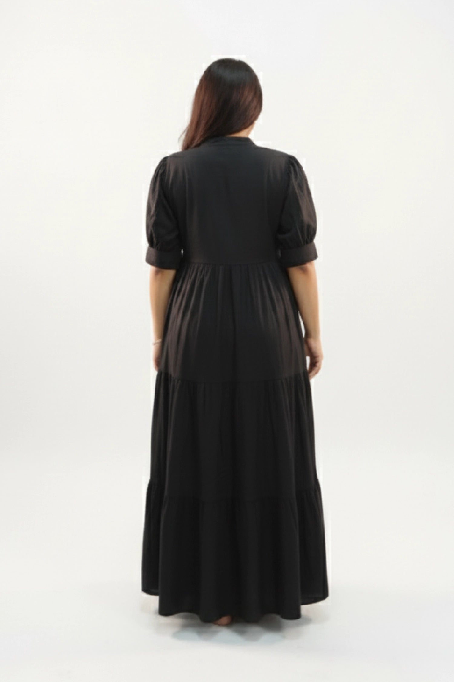 Back view of Eclipse Drift Feeding Dress showing full-length silhouette with three-tiered gathered skirt