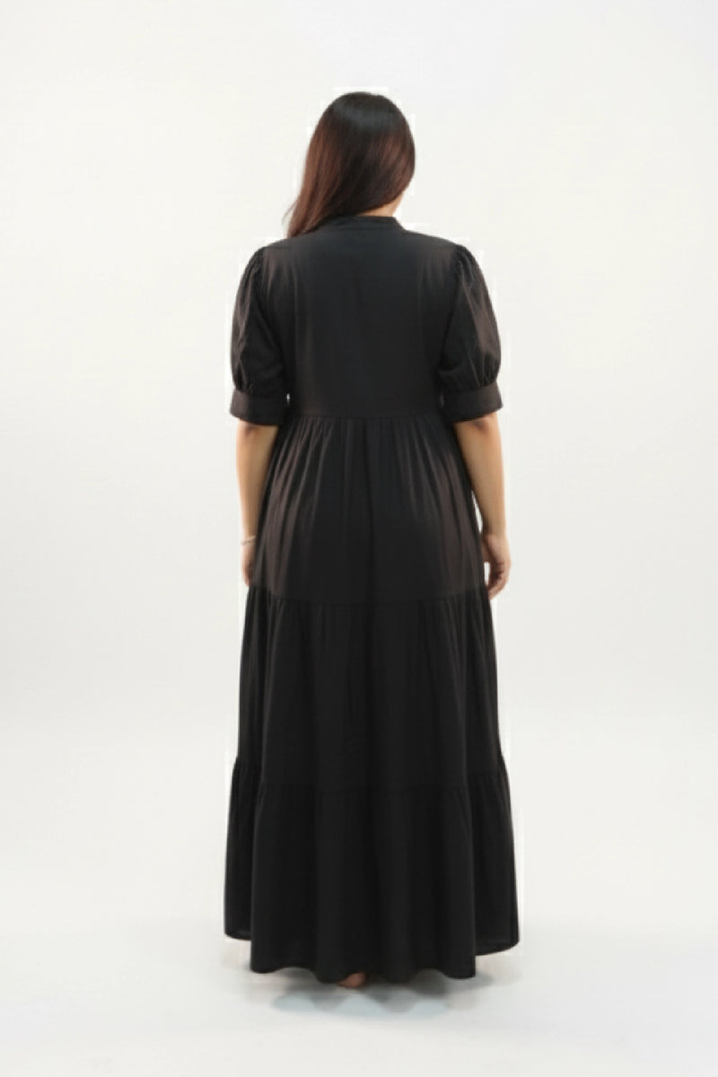 Back view of Eclipse Drift Feeding Dress showing full-length silhouette with three-tiered gathered skirt