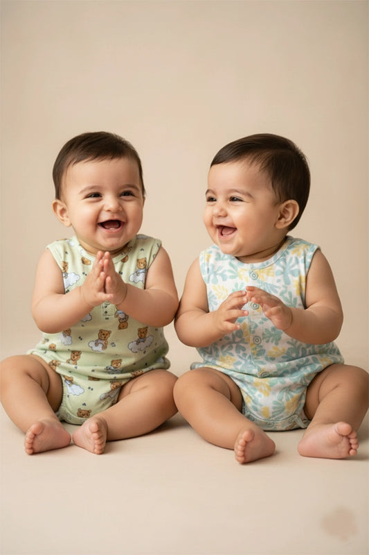 Muslin Romper(Minty Bear & Watercolor Fronds)- Pack of 2