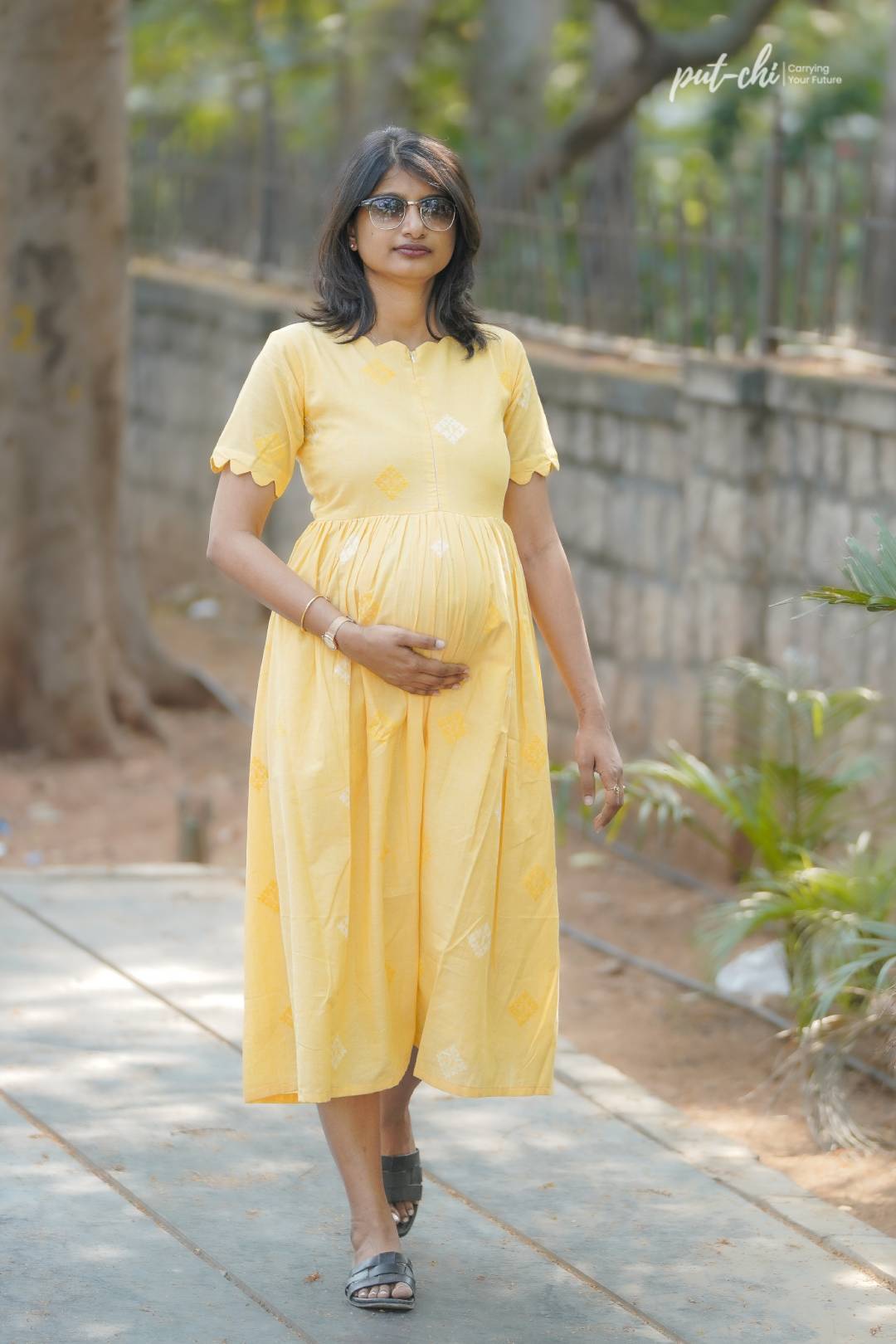 Yellow Butta Scallop Weave Maternity Dress