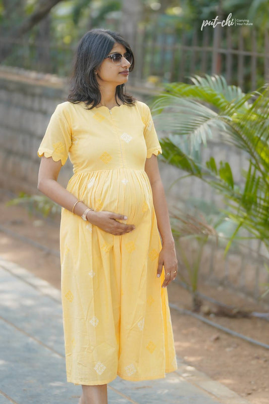 Yellow Butta Scallop Weave Maternity Dress