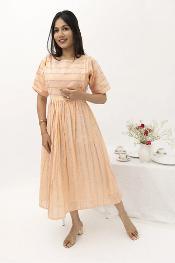 Peach Striped Cotton Nursing Dress