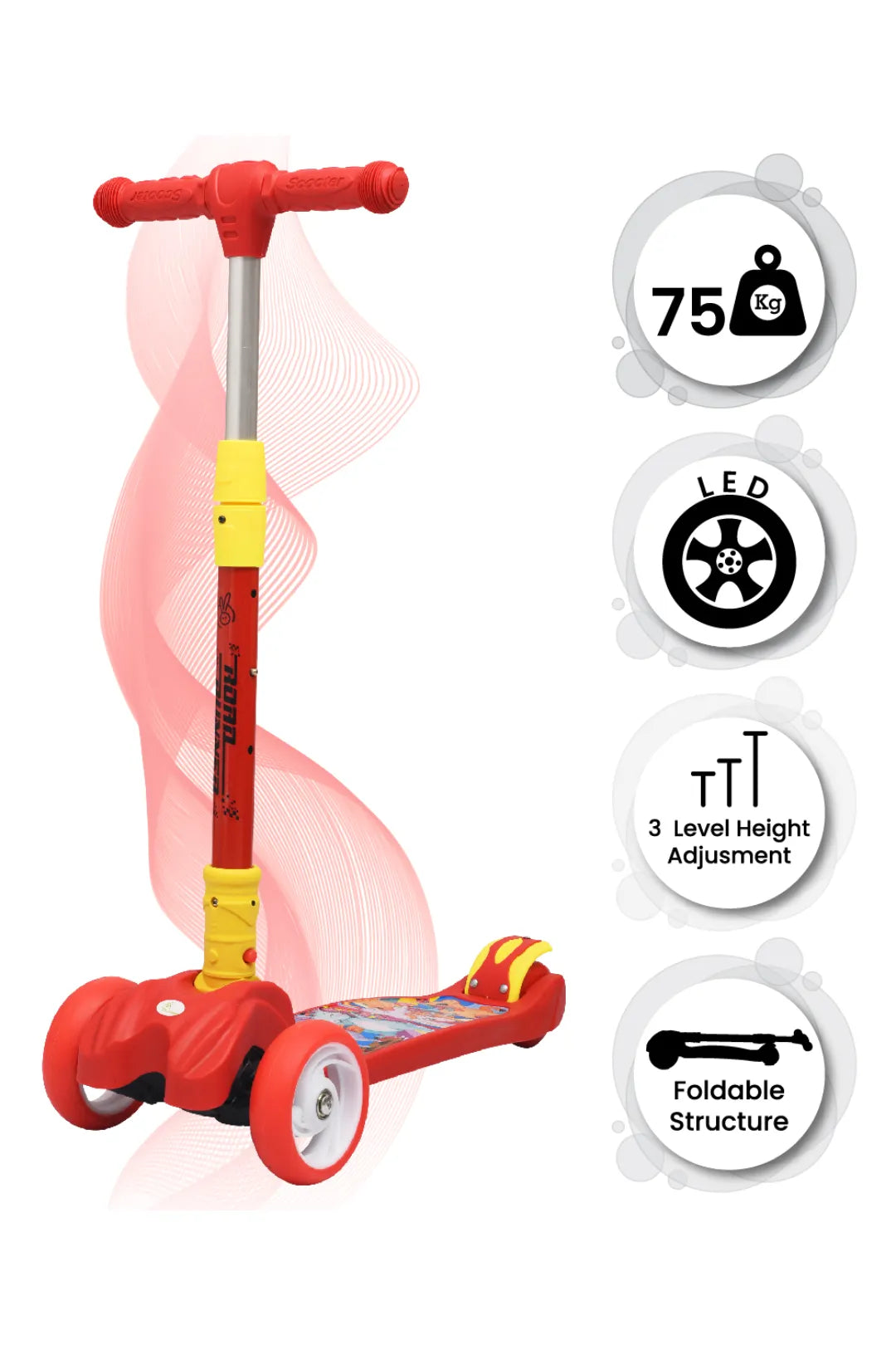Road Runner Kids Scooter - 4 Level Height Adjustment, PU LED Wheels