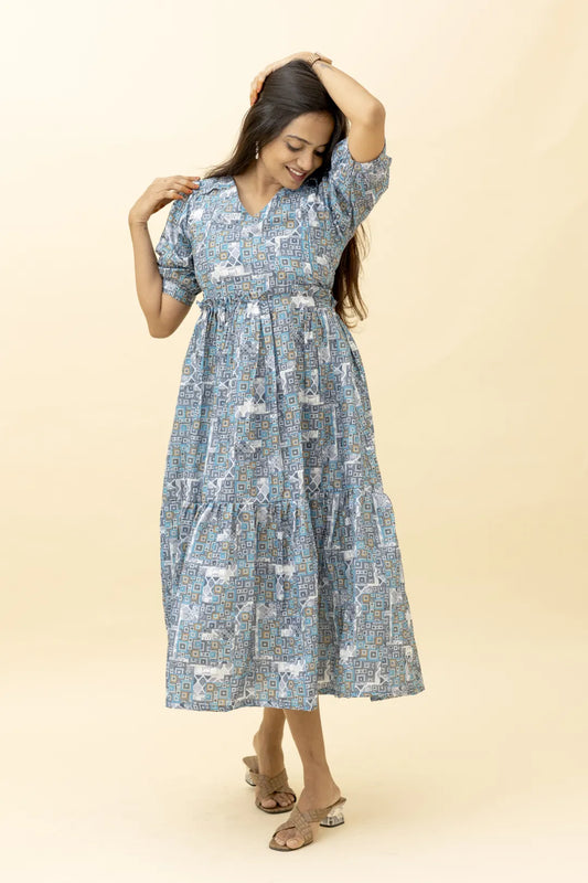 Blue Mossaic Tiered Maternity Maxi Dress