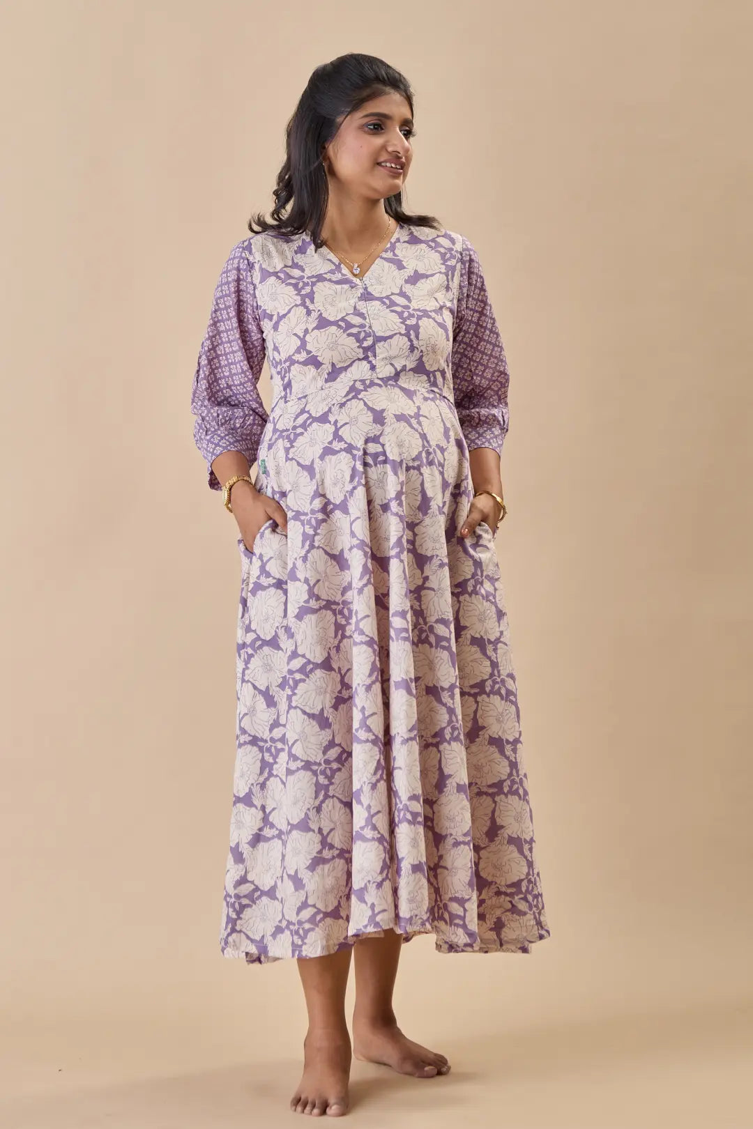 Purple Magnolia Floral Cotton Nursing Dress