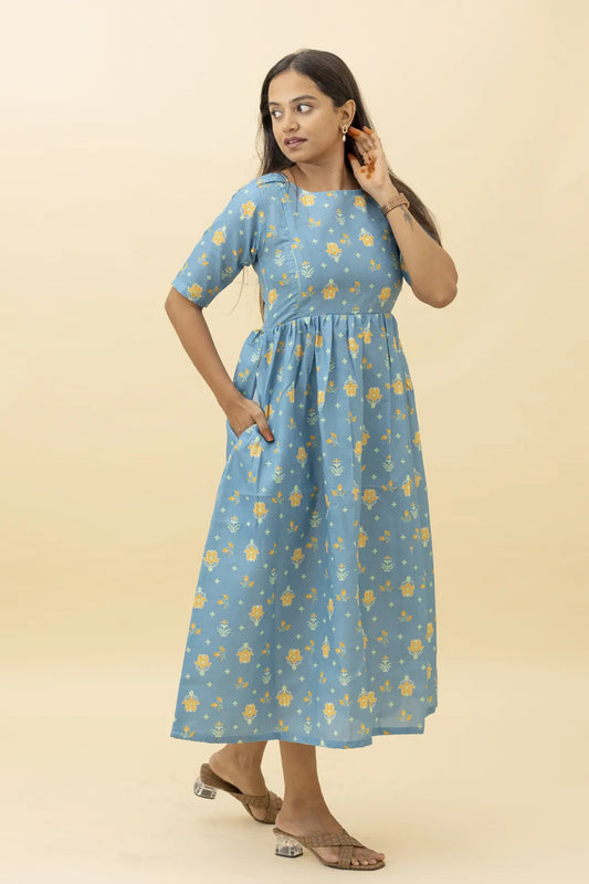Blue Jamdani Floral Nursing Dress
