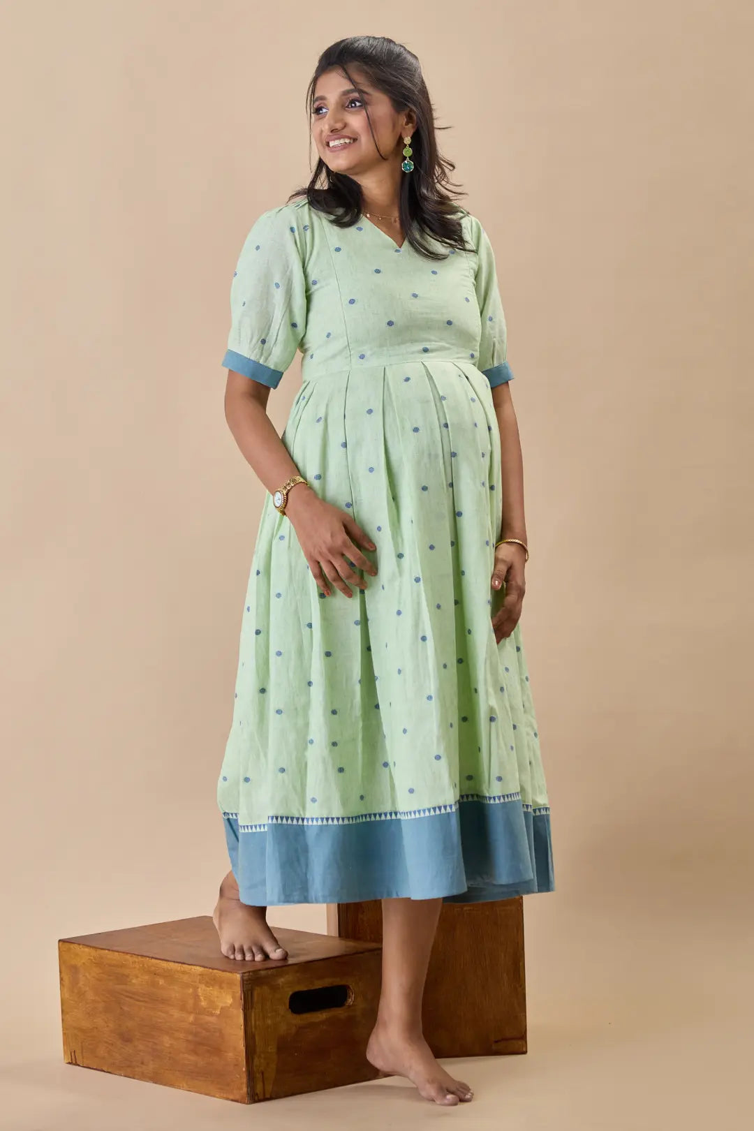 Pista Green Polka Dotted Maternity Dress