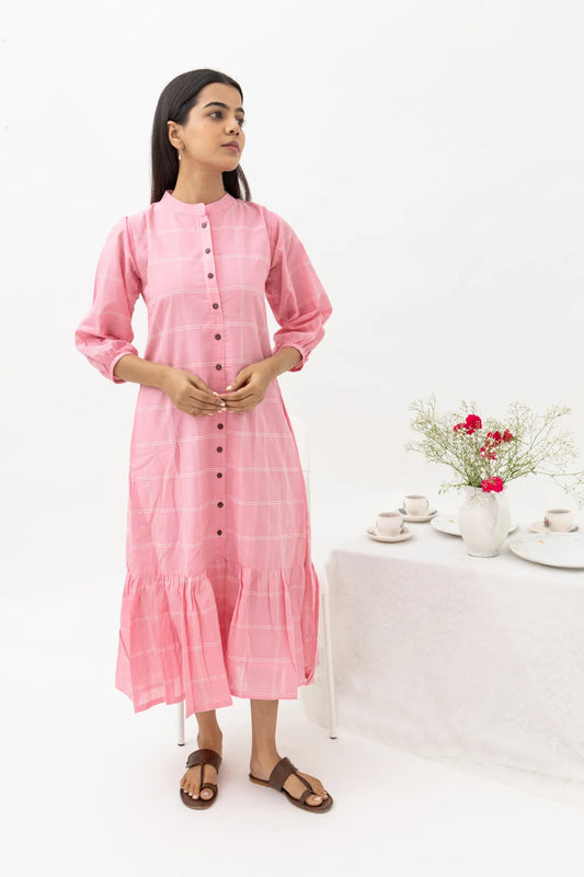 Pink Checked Cotton Ruffled Dress