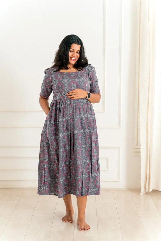 Grey Rangoli Maternity Feeding Dress