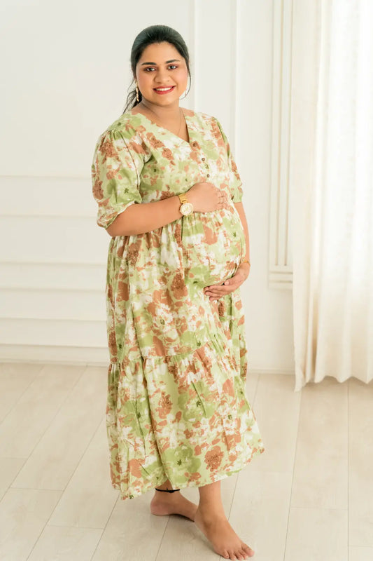 Rust Green Maternity Feeding Dress