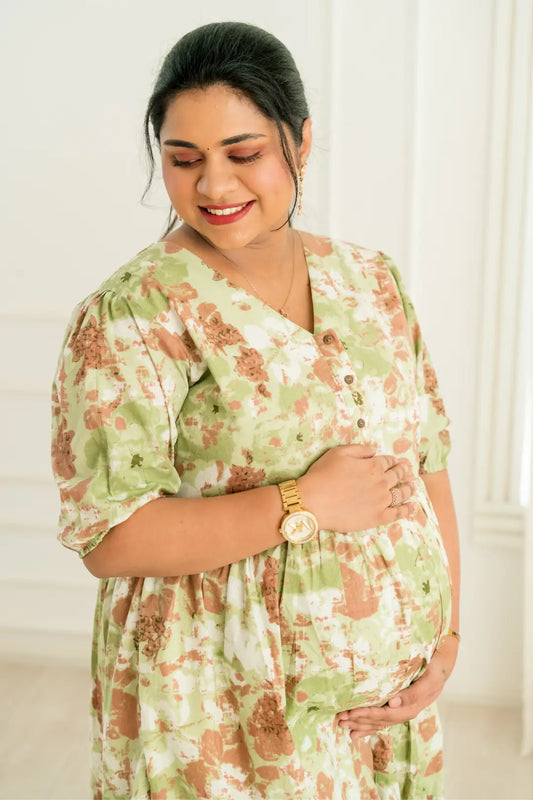 Rust Green Maternity Feeding Dress