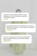 Product review text on a blurred background
