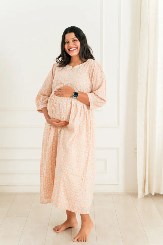 Peach Geometry Maternity Nursing Dress