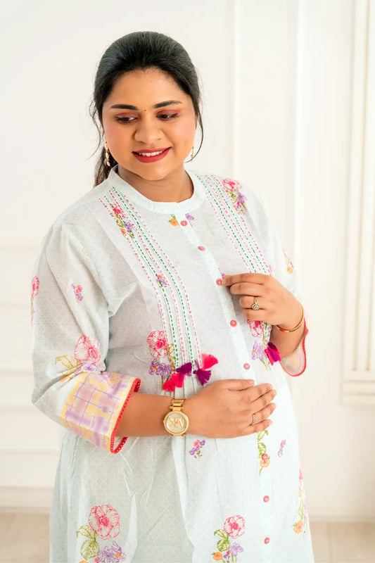 Biscuit Floral Maternity Feeding Kurta