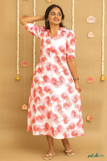 Red Poppy Floral Printed A-Line Dress