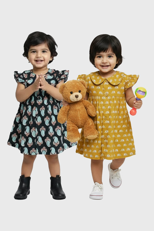Cotton Girls Frock (Safari & Nightfall Paisley) - Pack of 2
